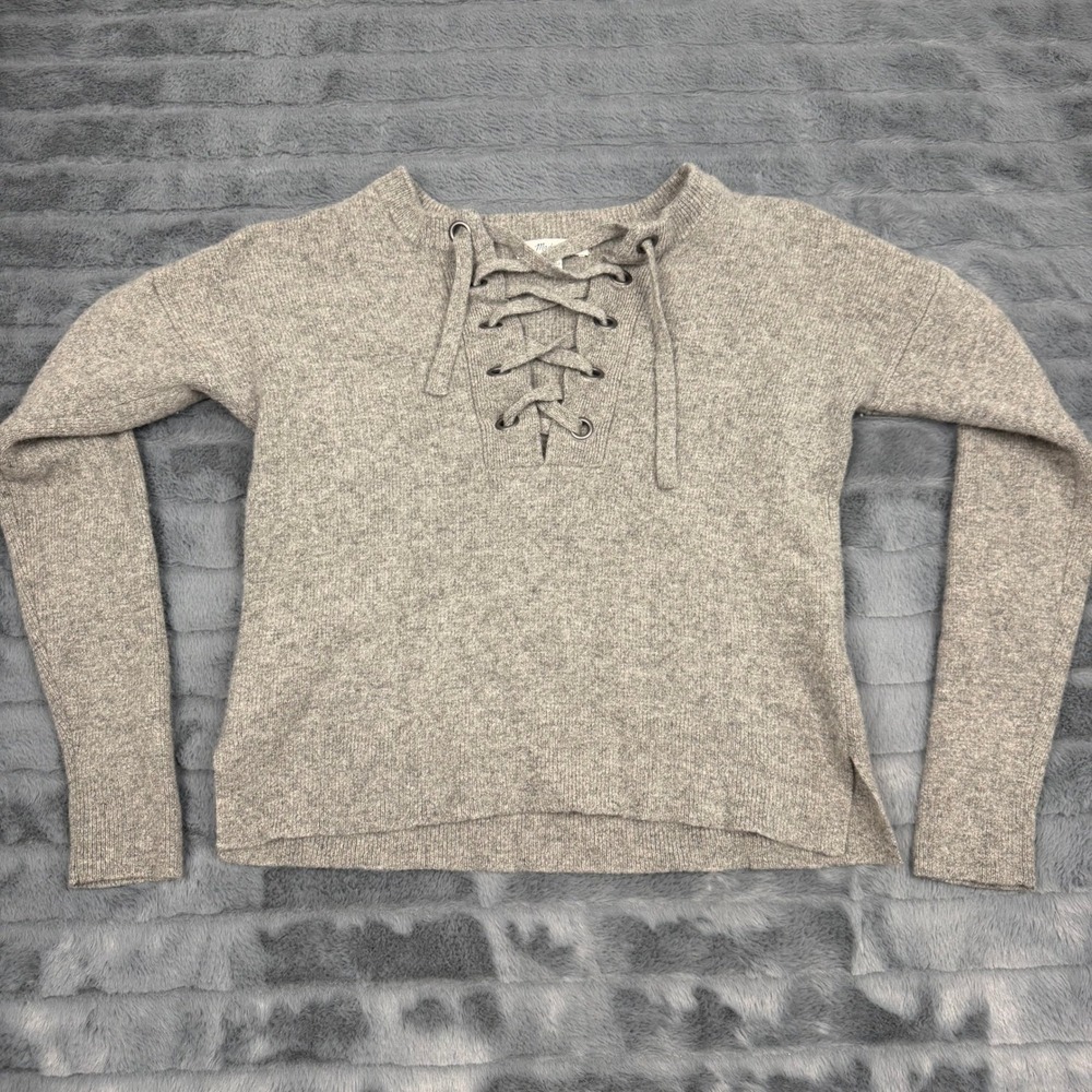 Madewell Womens XS Gray 100% Merino Wool Lace Up Sweater G0044 Heather Gray